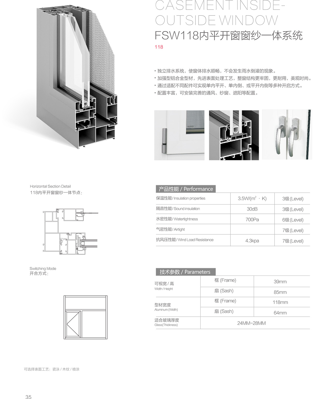 FSW118内平开窗窗纱一体系统